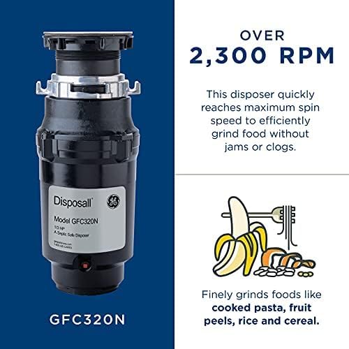 GE Disposall Continuous Feed 1/3 Horsepower Motor Garbage Disposer, Good for Grinding: Cooked Pasta & Fruit Peels, Easy Install Kit & Power Cord Included, Recommended for 1-2 Person Homes, GFC325N | Continuous Feed, Jam Resistant Technology, Quiet Motor,…
