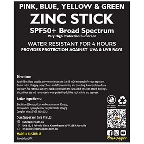 Sun Zapper Zinc Oxide Mineral Sunscreen Stick – SPF 50+ Water Resistant – 4-Pack (Pink, Blue, Green