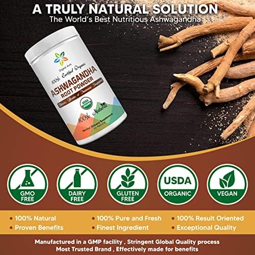 Certified Organic Ashwagandha Root Powder 16Oz -1Lb. Natural Stress, Brain and Immune Support. Enhances Overall Health. Raw Superfood. 100% Natural Herbal