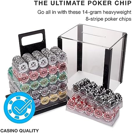 Brybelly Poker Chips 1000 Chips Set with Acrylic Case - Heavyweight 14g Poker Chips Set with 10 Removable Trays and 11" x 12" x 15" Portable Case
