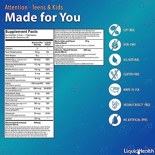 LIQUIDHEALTH Attention Liquid Multivitamin for Kids & Teens - Improves Memory Retention, Concentration, Focus, Mood, Relaxation & Calming - Made in the USA, Great Taste, Vegan, Sugar-Free (16 oz)