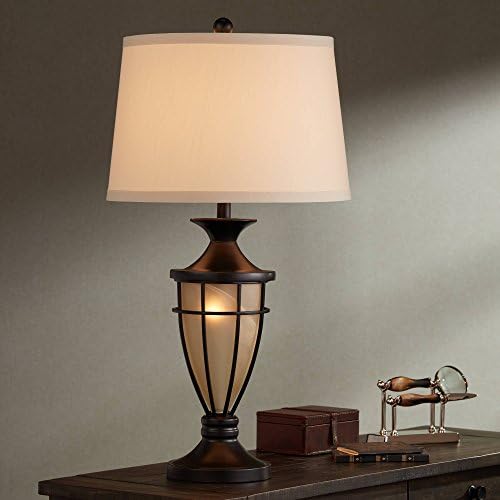 Cage 33" Large Table Lamp Mission Night Light Champagne Nightlight | Brushed Bronze Brown Iron Glass Living Room Bedroom House Bedside Nightstand Home Office Entryway Beige Drum
