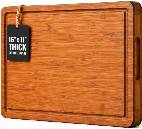 Wood Cutting Board for Kitchen - 1 Inch Thick Bamboo Wooden Chopping Board, Butcher Block Cutting Board with Juice Groove, Handles, Large Meat Cutting Board, Charcuterie Serving Board, 16 x 11