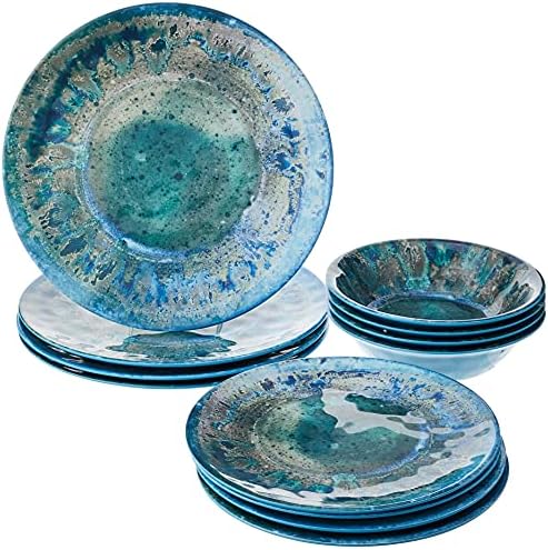 Radiance Teal 12pc Melamine Dinnerware Set – Service for 4 Plates and Bowls Set, Outdoor Dinnerware, Coastal Dishes, Unbreakable, Dishwasher Safe