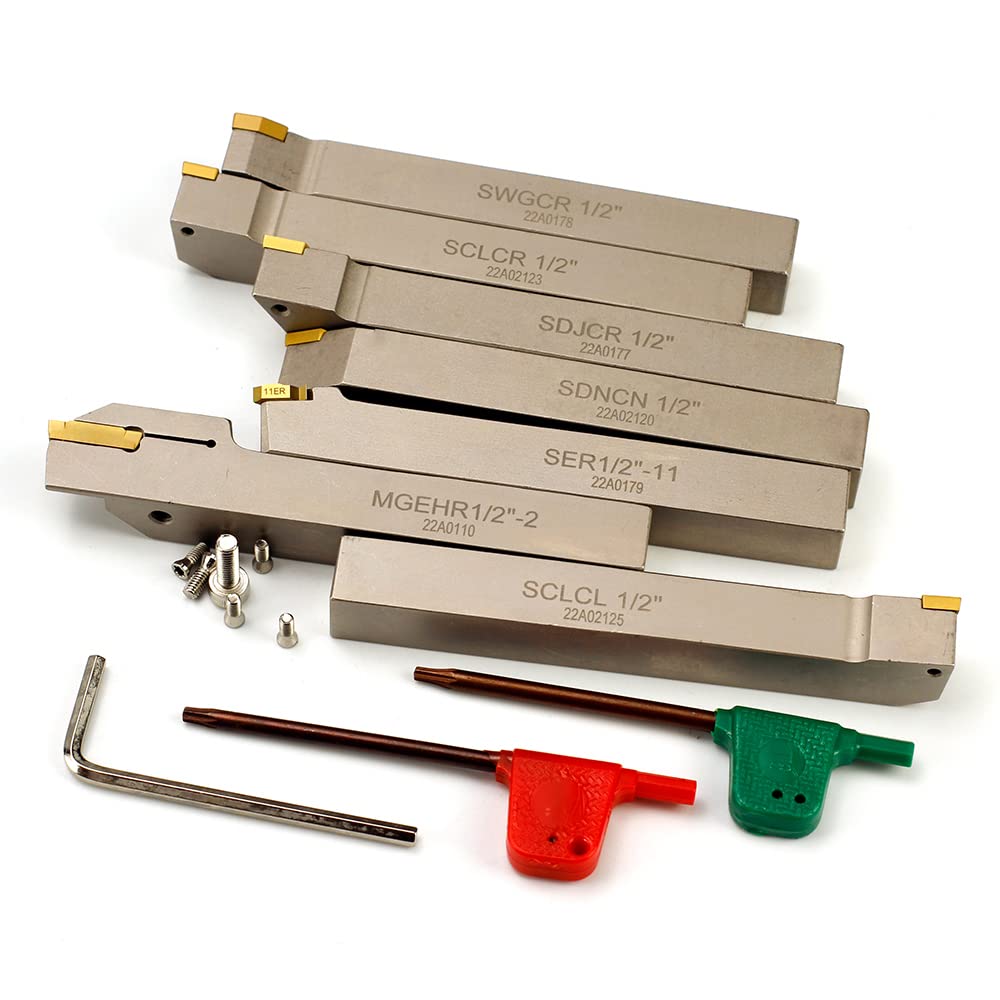 OSCARBIDE 1/2" Shank Nickel Plated 7-Piece Indexable Lathe Tool Holder Set | Turning/Grooving/Threading/Parting | Heavy-Duty CNC Tools | TiN Coated