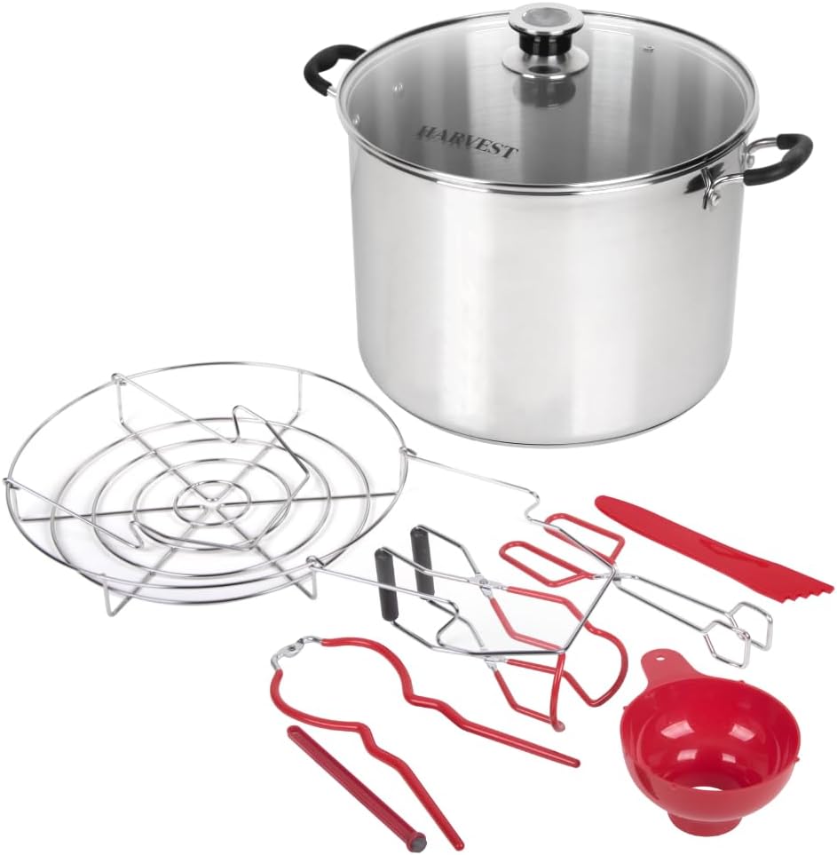 Harvest Stainless Steel 20 Qt Canning Pot with Rack | Water Bath or Steam Canning | Works on All Stovetops Including Induction, Glass, Gas (Stainless Steel Canner + Tools) (Stainless Steel Canner)