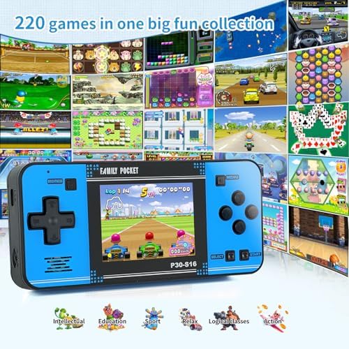 Handheld Game for Kids -Preloaded 220 Retro Video Games, Portable Gaming Player with Rechargeable Battery 3.0" LCD Screen, Mini Arcade Electronic Toy Gifts for Boys Girls (Blue)