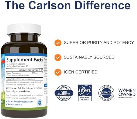 Carlson Ceylon Cinnamon, Cinnamon Supplements, 500 mg, 180 Capsules