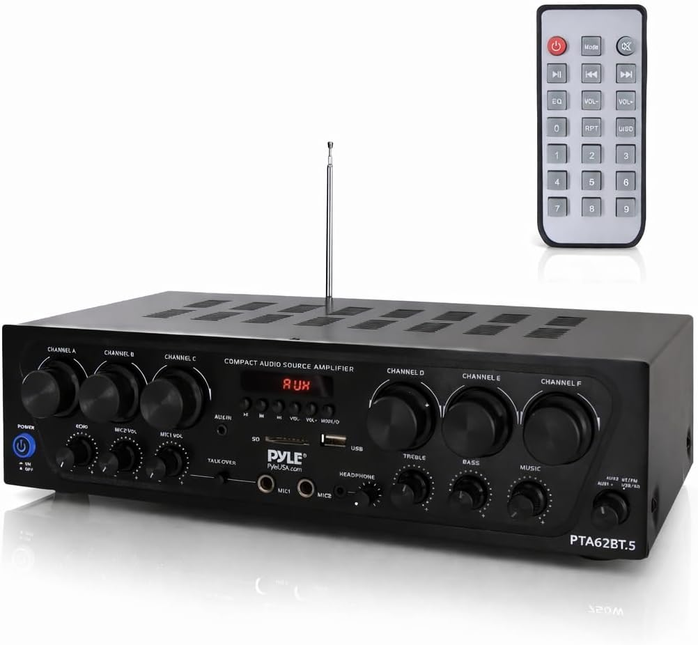 Pyle Bluetooth Wireless Home Amplifier System - Upgraded 6 Channel Audio, 750 Watt Power, Easy Karaoke, Stereo Receiver w USB-A, Micro SD, Headphone