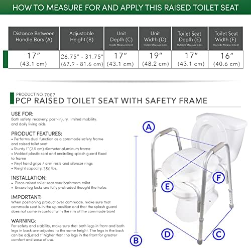 PCP Raised Toilet Seat and Safety Frame, Pre-Assembled Tool Free, Secure Adjustable Height, Made in USA, Regular
