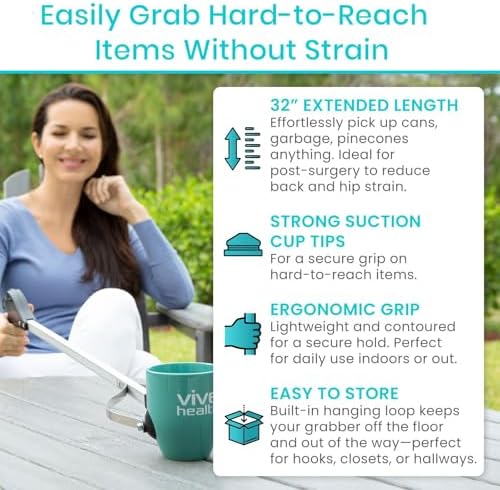 Vive Suction Cup Grabber Reacher 32" - Elderly Grab It Reaching Pickup Tool | Heavy Duty for Seniors - Trash, Sticks, Litter Picker Upper - Extra Long Reach Handle & Handy Extension Arm Claw