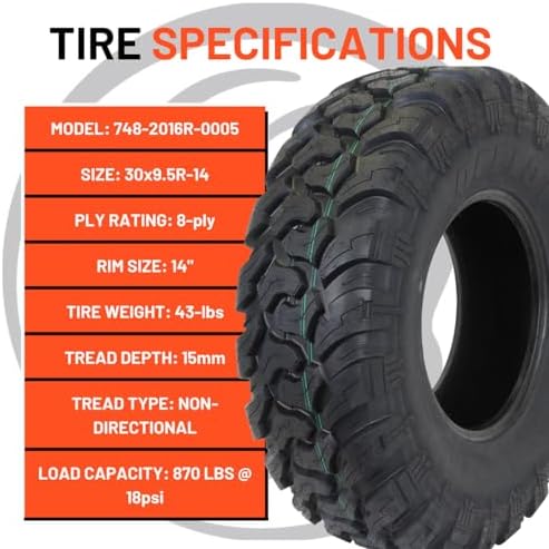 Ocelot WR2016 30x9.5x14 UTV Tires All Terrain, Durable 8-Ply Radial Construction and Non-Directional Tread