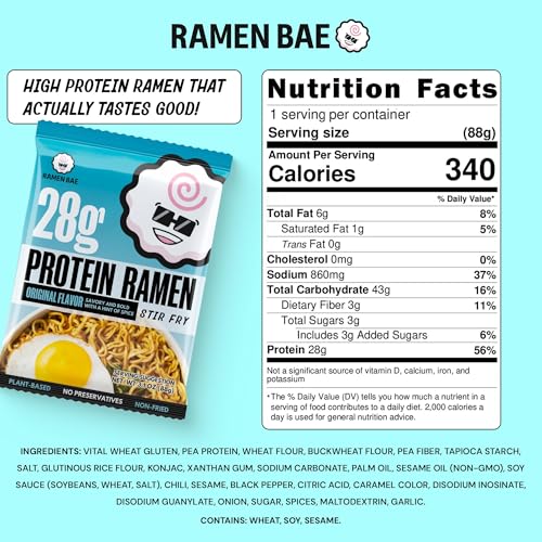 Ramen Bae Original Stir Fry Protein Noodles - 28g Protein, Garlic Soy | Air Dried Not Fried, Plant Based, Vegan Protein Noodles - Lower Carb & Fat - Savory & Bold with Hint of Spice (Pack of 6)