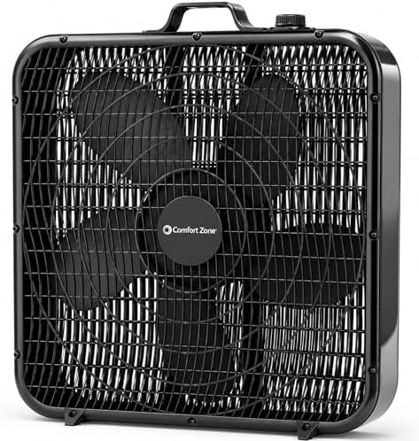 Comfort Zone Box Fan with Carry Handle, 20 inch, 3 Speed Full-Force Air Circulation Window Fan, Bedroom Floor Fan with 5 Blades, White Noise Cooling Fan, White