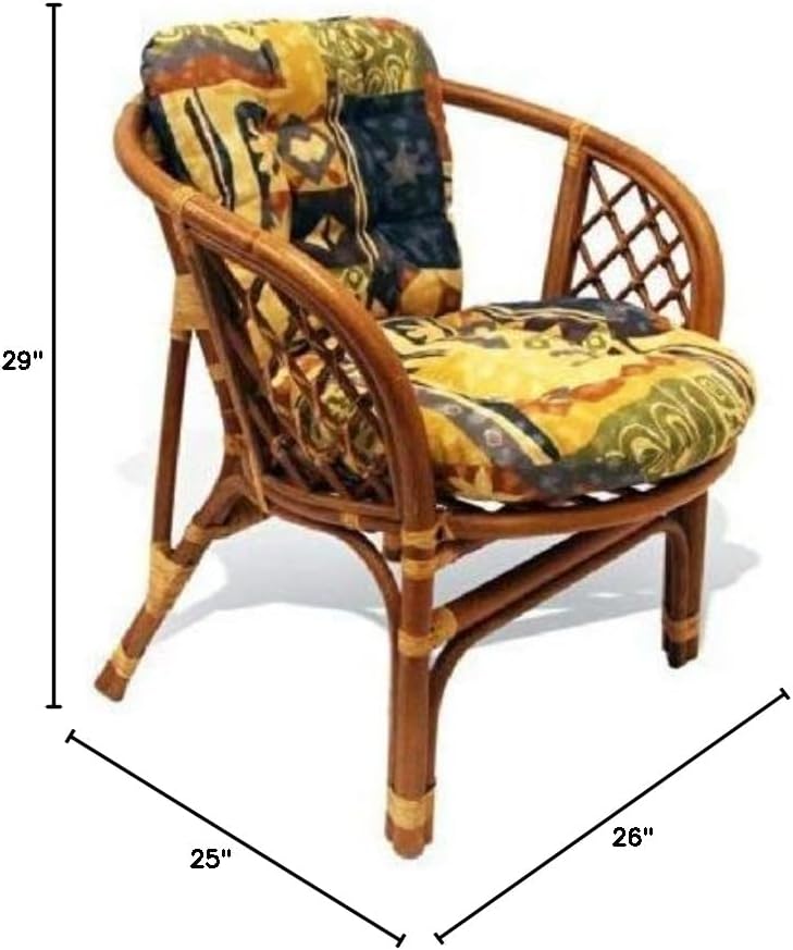 Lounge Bahama Natural Rattan Armchair with Cushion Handmade Design Tropical Style, Colonial