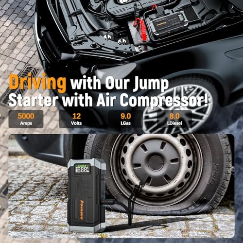 [2026NEW Model] 5000A Jump Starter with Air Compressor,Car Jumper Starter Portable with 150PSI Tire Inflator 12V Jump Box with LCD Display,Flashlight,Storage Case (Up 9L Gas/8L Diesel Engine