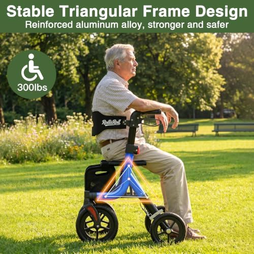 Walkers for Seniors, Rollator Walker with Seat, 10" Big Rubber Wheels All Terrain Rolling Walker, Lightweight Foldable Rollator Walker, Built-in Cable, Reinforced Aluminum Frame, Orange