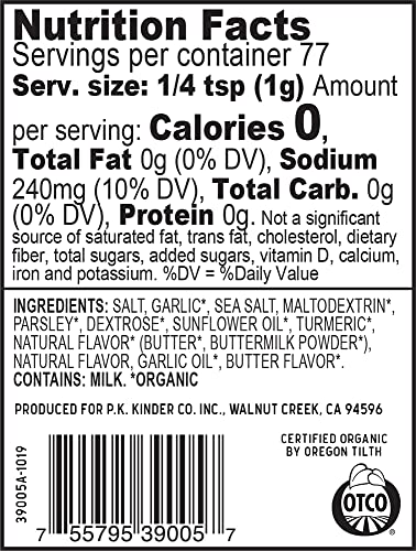 Kinder's Organic Buttery Garlic Salt, Premium Quality Seasoning, MSG Free and USDA Certified Organic, 2.75 oz