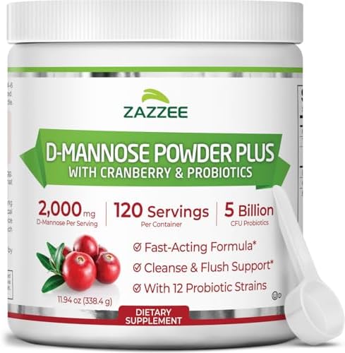 Zazzee D-Mannose Powder Plus, 2000 mg, 67 Servings, Free Scoop, Made in USA | Plus 5 Billion CFU Probiotics and Pure Cranberry Juice Extract, Kosher, 6.67 oz, Urinary Tract & Bladder Support, Non-GMO
