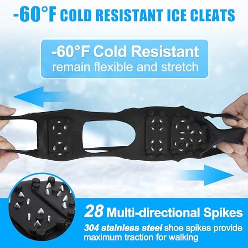 Ice Cleats Snow Traction Cleats Crampons for Shoes and Boots Men Women 28 Studs Anti Slip Shoe Grippers Overshoe Slip-on Stretch Footwear Spikes for Snow and Ice Fishing Winter Walking Hiking
