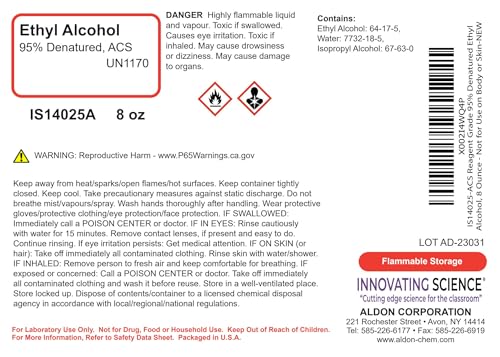 Aldon ACS Reagent Grade 95% Denatured Ethyl Alcohol, 8 Ounce - Not for Use on Body or Skin
