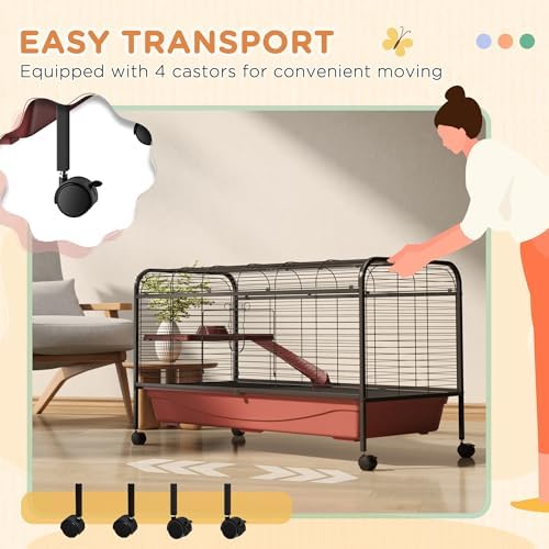 PawHut 41" L Small Animal Cage Rabbit Hutch with Feeder, Rolling Wheels Red