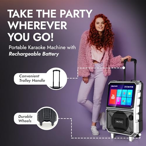 Dolphin KB-85R Karaoke Machine with Wireless Microphone, 8" Woofer | 14" Tablet, 100W RMS, 5400mAh Battery, Bluetooth, HDMI Output, USB, SD, FM