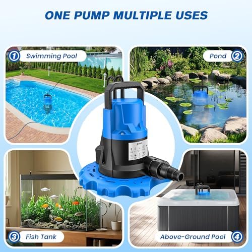 1 HP Automatic Swimming Pool Cover Pump, 5000 GPH Submersible Pumps with 3/4” Check Valve Adapter & 25ft Power Cord, Water Removal for Pool