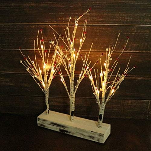 Battery Operated w/Timer Illuminated Pip Berry Tree Centerpiece Lighted Three Trees Tabletop LED Lights, for Home/Party/Wedding/Festival/Indoor Decoration, 21-Inch