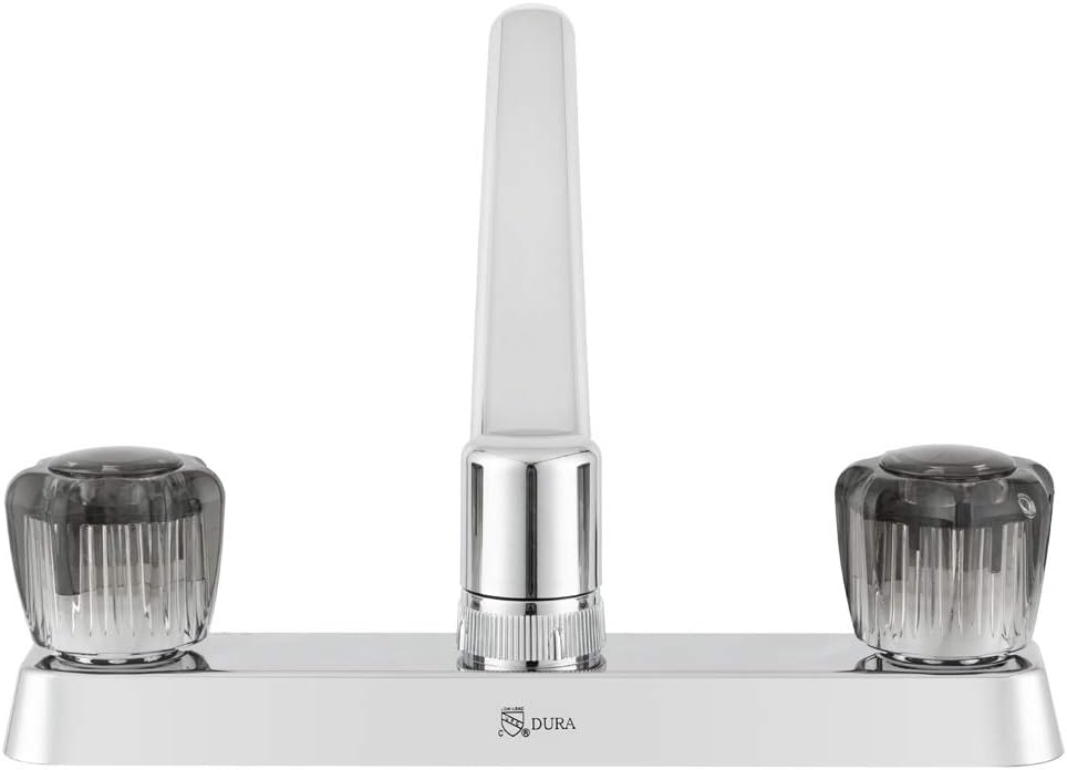 Dura Faucet DF-PK600S-BQ RV Two Handle Kitchen Sink Faucet (Bisque) | Smoked acrylic knobs give smooth, precise control of flow. Bisque Parchment. Plated ABS plastic (not metal).
