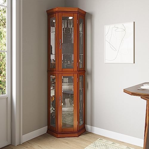 BELLEZE Lighted Wooden Corner Display Curio Cabinet, Two Section Shelving Unit with Tempered Glass Door