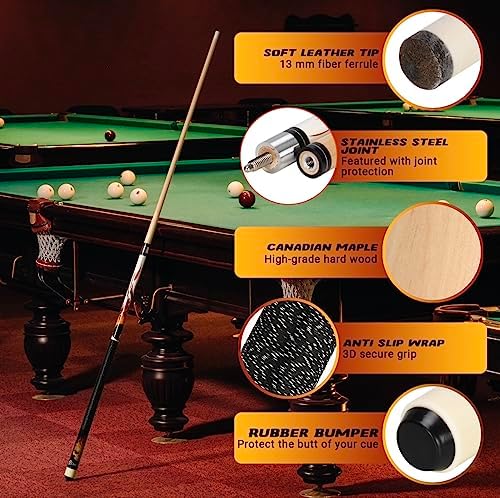 Joshmar Pool Cue Stick 58" – 2-Piece Canadian Maple Billiard Cue 19oz, 13mm Tip, Includes Hard Case, Glove & Chalk – Complete Set for Beginners