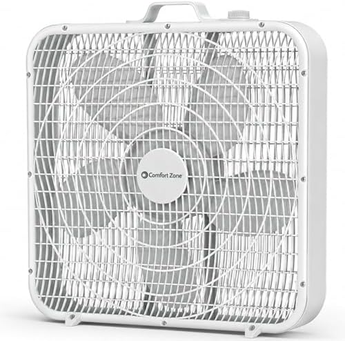 Comfort Zone Box Fan with Carry Handle, 20 inch, 3 Speed Full-Force Air Circulation Window Fan, Bedroom Floor Fan with 5 Blades, White Noise Cooling Fan, White
