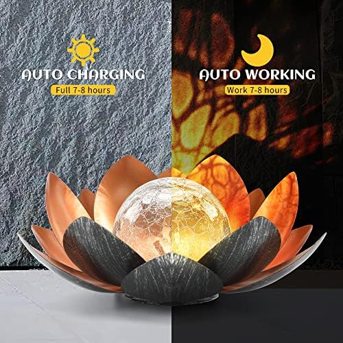 Outdoor Solar Lights, Garden Decor, Crackle Glass Globe, Waterproof Metal Lotus Flower Light for Patio, Lawn, Walkway, Tabletop, Ground