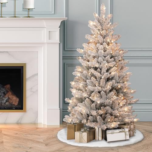 Puleo International 7.5 Foot Pre-Lit Slim Flocked Fraser Fir Artificial Christmas Tree with 500 UL Listed Clear Lights