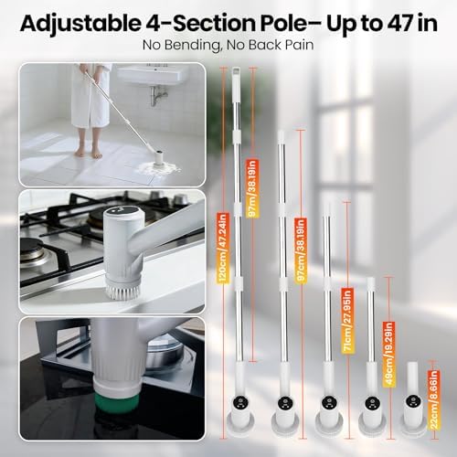 Electric Spin Scrubber – 5-Hour Battery, 6 Brush Heads, No Bending with 47" Extendable Handle