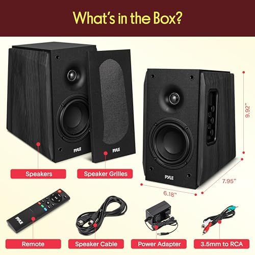 Pyle Powered Bookshelf Speaker System with Bluetooth, 80W Active Stereo Speakers, Bass Reflex Natural Wood Cabinet, Hi Def ARC, Optical, Coax, Subwoofer Out, for Entertainment, Studio (Pair)