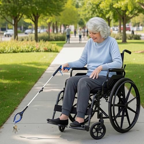 RMS 34 Inch Extra Long Reacher Grabber - Foldable with Rotating Jaw (Blue)