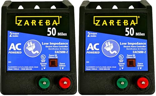 Zareba 50 Mile AC-Powered Low Impedance Electric Fence Charger | 2.0 Joule Output, Contain Cattle, Horses, Pigs, Goats, Use in Heavy Weed Conditions, Lightning Protection, EAC50M-Z