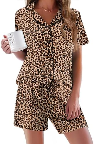 Ekouaer Pajamas Set for Women Short Sleeve Sleepwear Button Down Pj XS-XXXL | Summer 2 Piece Lounge Set, Soft Fabric, Drawstring Waistband, for Bridesmaid Bride Party, Plus Size, Petite, Cute Pattern