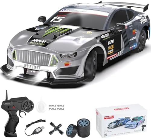 Dollox RC Drift Car 1/16 Scale Remote Control Car 2.4GHz 4WD High Speed 18+KM/H Race Car with LED Light and Spray, Extra Drifting Tires Racing Vehicle Toy Birthday Gifts for Adults Boys, 2 Batteries