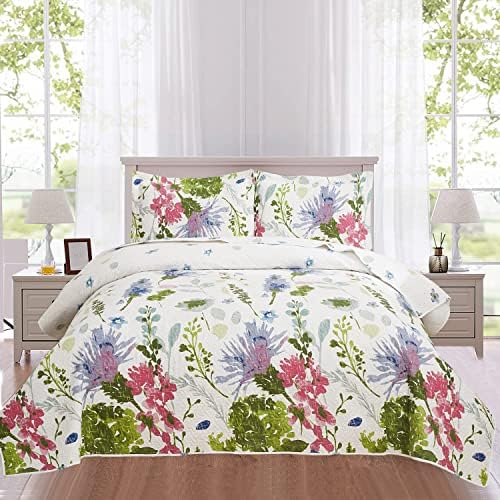 Ycosy Floral Quilt Set Full/Queen Size Reversible Flower Bedspread Queen Summer Lightweight Quilt Bedding Purple Floral Quilts Green Leaves Coverlet