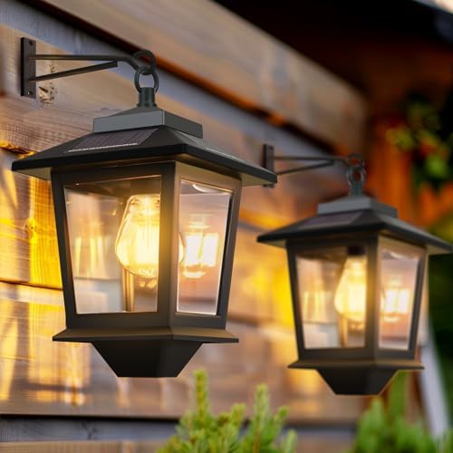 PASAMIC 2 Pack Solar Wall Lanterns, Outdoor Hanging Lights with 4 Solar Panels, Dusk to Dawn Led Outdoor Wall Sconce
