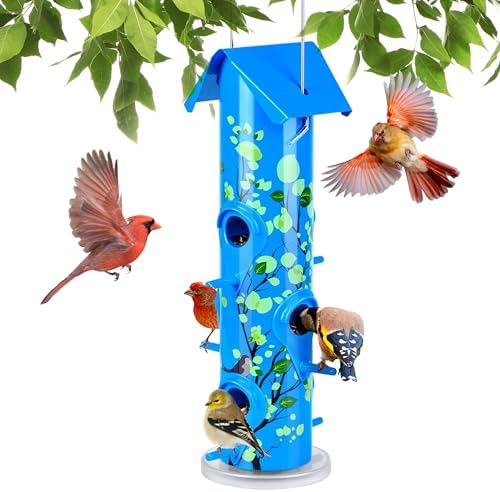 Kingsyard Metal Bird Feeders for Outdoors Hanging, Tube Bird Feeder | 14 in, 6 Feeding Ports, drainage holes, 2 lbs Seed Capacity, Weatherproof, Stays Dry & Fresh, Easy to Clean & Refill, Yellow
