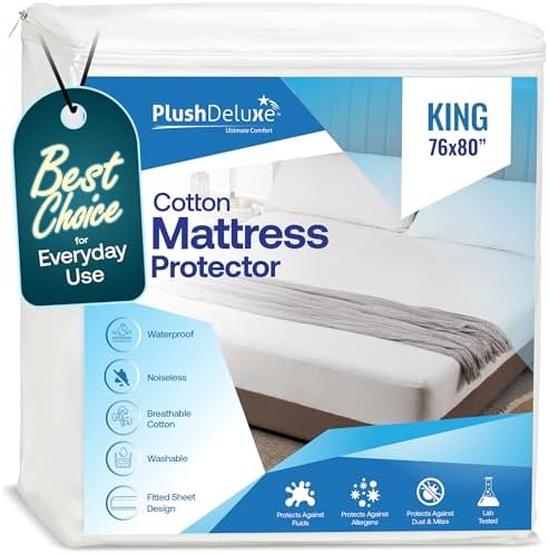 PlushDeluxe Waterproof King Mattress Protector, Terry Cotton | Fitted Sheet Bed Cover, Deep Stretchable Pockets, 76"x80"x18", Noiseless, Breathable, Hypoallergenic, Mite Proof, Washable