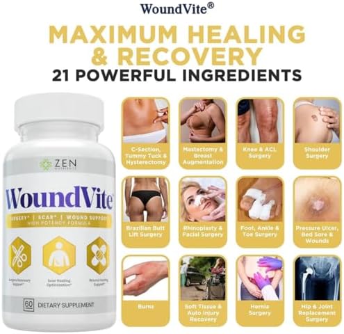 Zen Nutrients WoundVite Pre & Post Surgery Support, Scar & Wound Care, Scar Treatment, Plastic & General Surgery