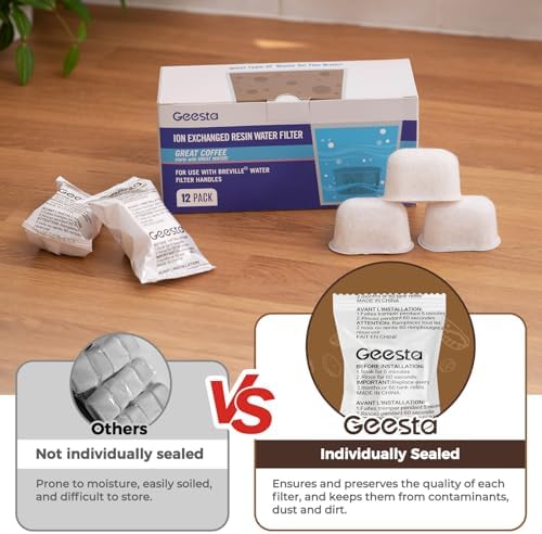 Geesta 6-Pack Resin Water Filters for Breville BWF100 | Replacement Filters for Breville Espresso Machine Barista Express, Ion Exchange Resin Softens Water, Reduces Impurities