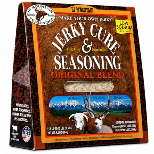 Hi Mountain HUNTERS BLEND Jerky Seasoning and Cure Kit | Low Sodium | Savory hunter-style flavor, perfect beef jerky seasoning for deer, elk, & venison. Smoker, dehydrator, or oven. Makes 15 lbs