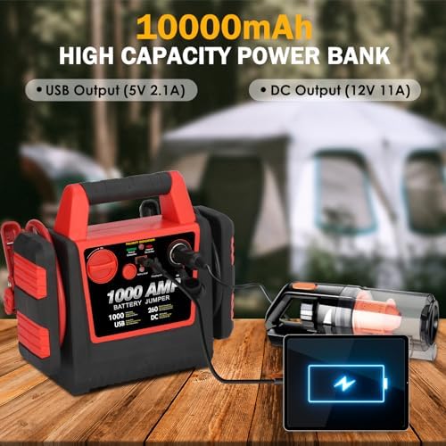 Car Battery Jump Starter-1000Amp 12V Lead-Acid Battery Jump Box with 260PSI Air Compressor, 10000 mAh Portable Power Station