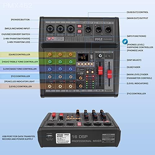 Pyle Professional DJ Audio Mixer - 3-Channel Controller with 16 Preset DSP Effects - USB Interface - 3 Mic/Line Inputs - +48V Phantom Power